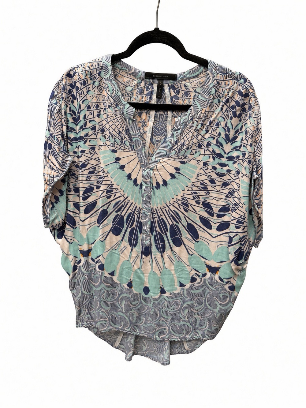 BCBGMaxAzria Mint and Navy Printed Peasant Blouse